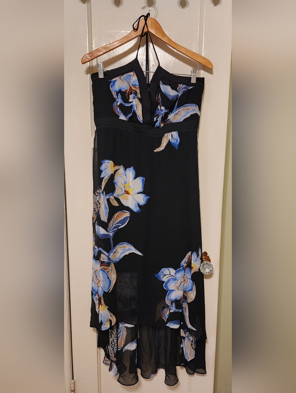 White House Black Market Black Strapless Maxi with Blue & Yellow Floral Print